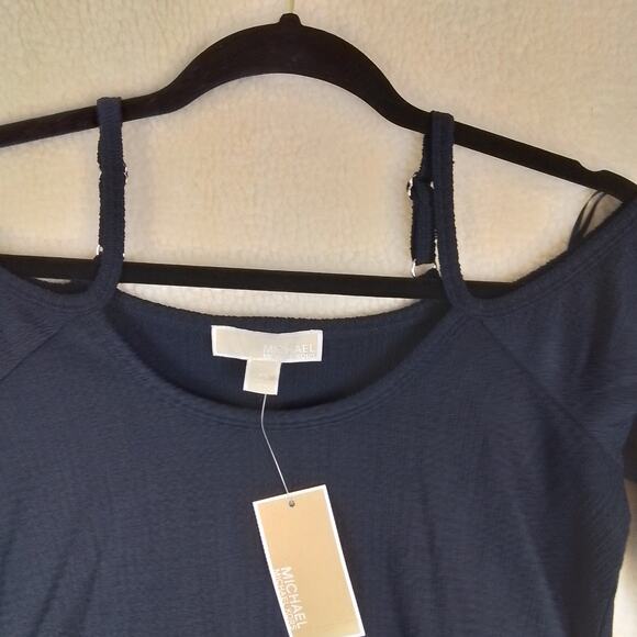 Michael Kors Womens Blouse Blue XS Boho Short Sleeve Cold Shoulder Ruffle‎ Navy - Picture 14 of 14